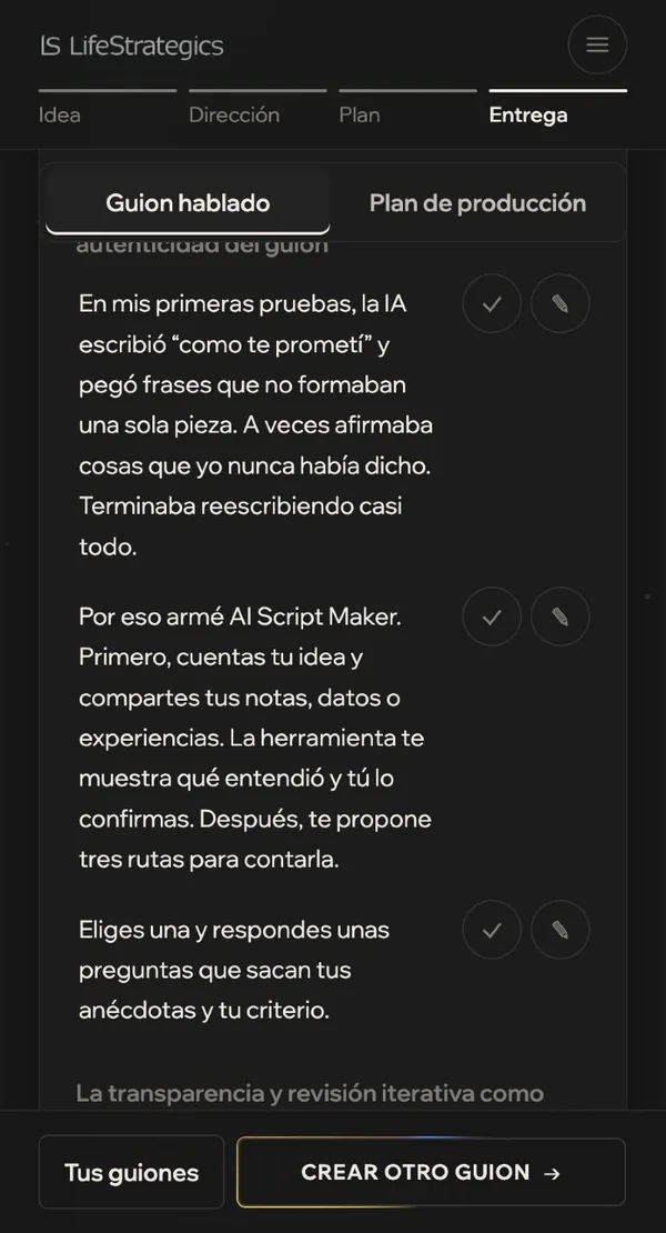 Guion hablado dividido en escenas, cada una con sus botones para conservar o cambiar