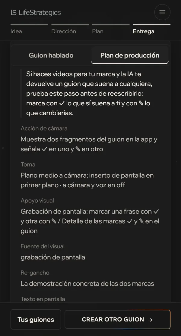 Plan de producción con acción de cámara, toma, apoyo visual y texto en pantalla por escena