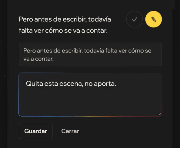 Escena del guion marcada con ✎ y el comentario: Quita esta escena, no aporta