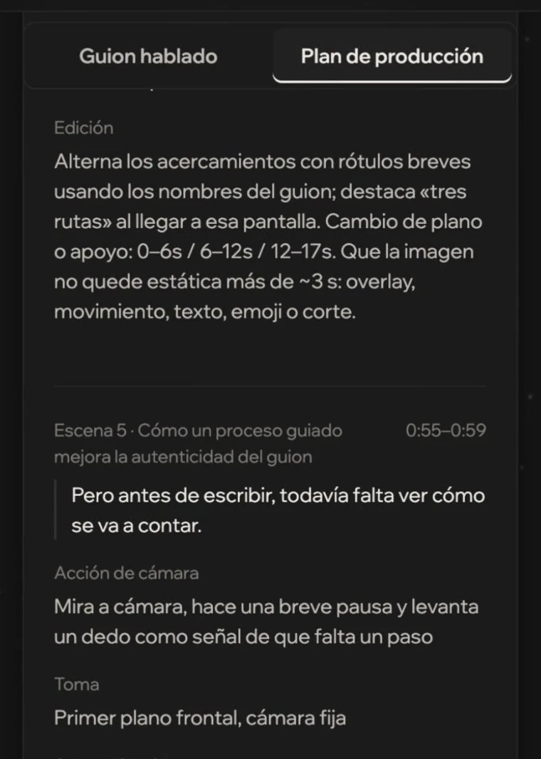 Plan de producción de una escena: edición, acción de cámara y toma, junto a la pestaña Guion hablado