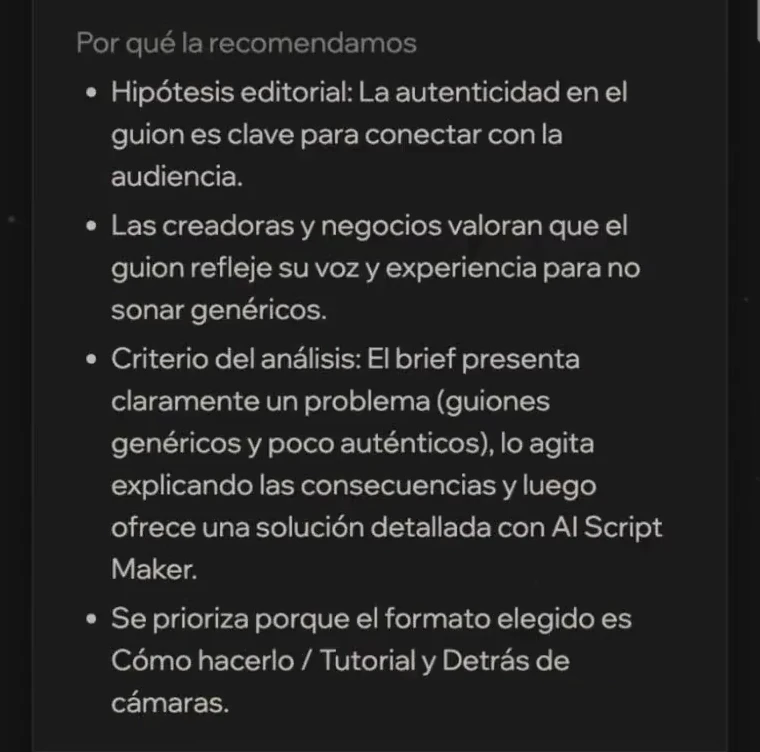 Por qué la recomendamos: razones basadas en lo que contaste y en el formato que elegiste