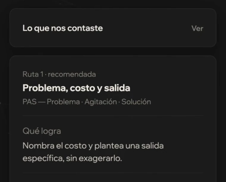 Elige una ruta: Lo que nos contaste y la Ruta 1 recomendada, Problema, costo y salida