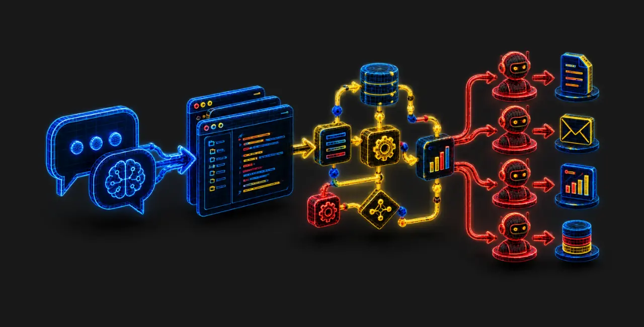 Diagrama de un workflow con IA que conecta entrada, criterio humano, apoyo de IA, revisión y salida.