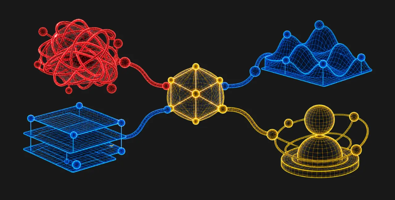 Modelo wireframe de una oportunidad de IA acotada, conectado a fricción, contexto, revisión humana y señal de mejora.