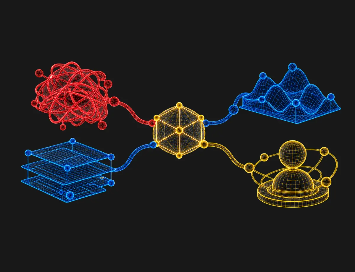 Modelo wireframe que representa una oportunidad de IA delimitada por fricción, contexto, revisión y señal.