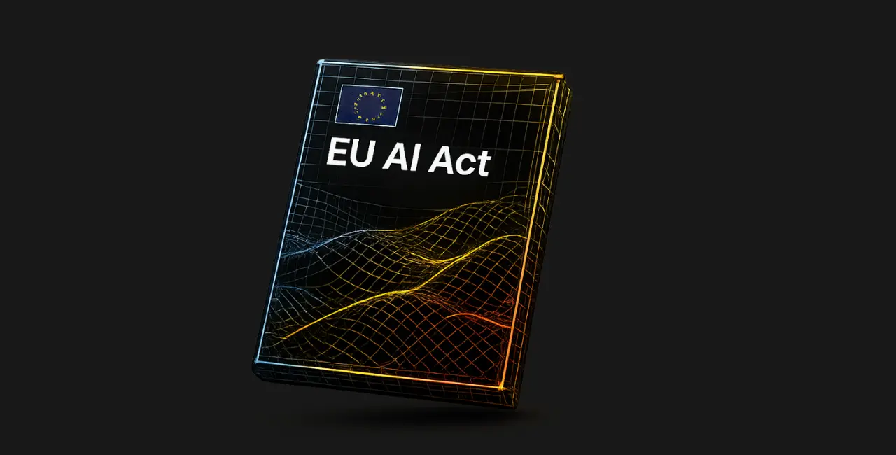 Cubierta estilizada del EU AI Act con retícula y ondas en azul, amarillo y rojo
