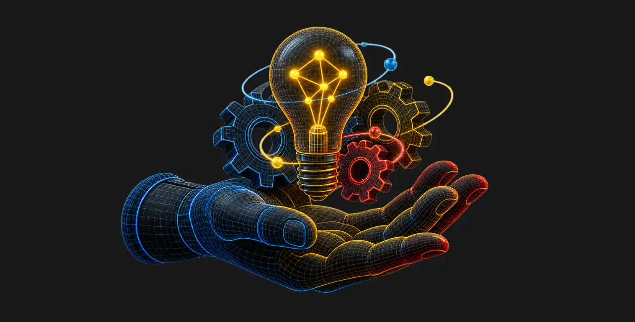 Una bombilla conectada a engranes sobre manos que representan ideas y operación de un emprendimiento.
