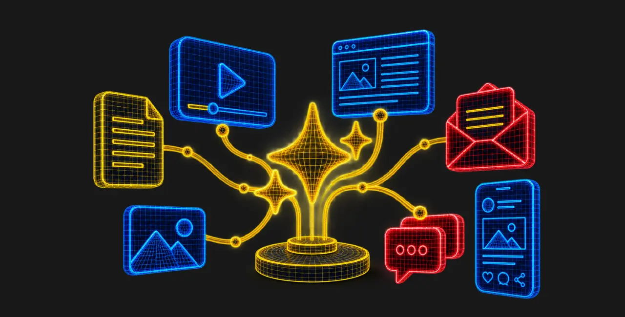 Ícono de IA en el centro distribuyendo un mismo contenido hacia video, documento, imagen, email y redes sociales