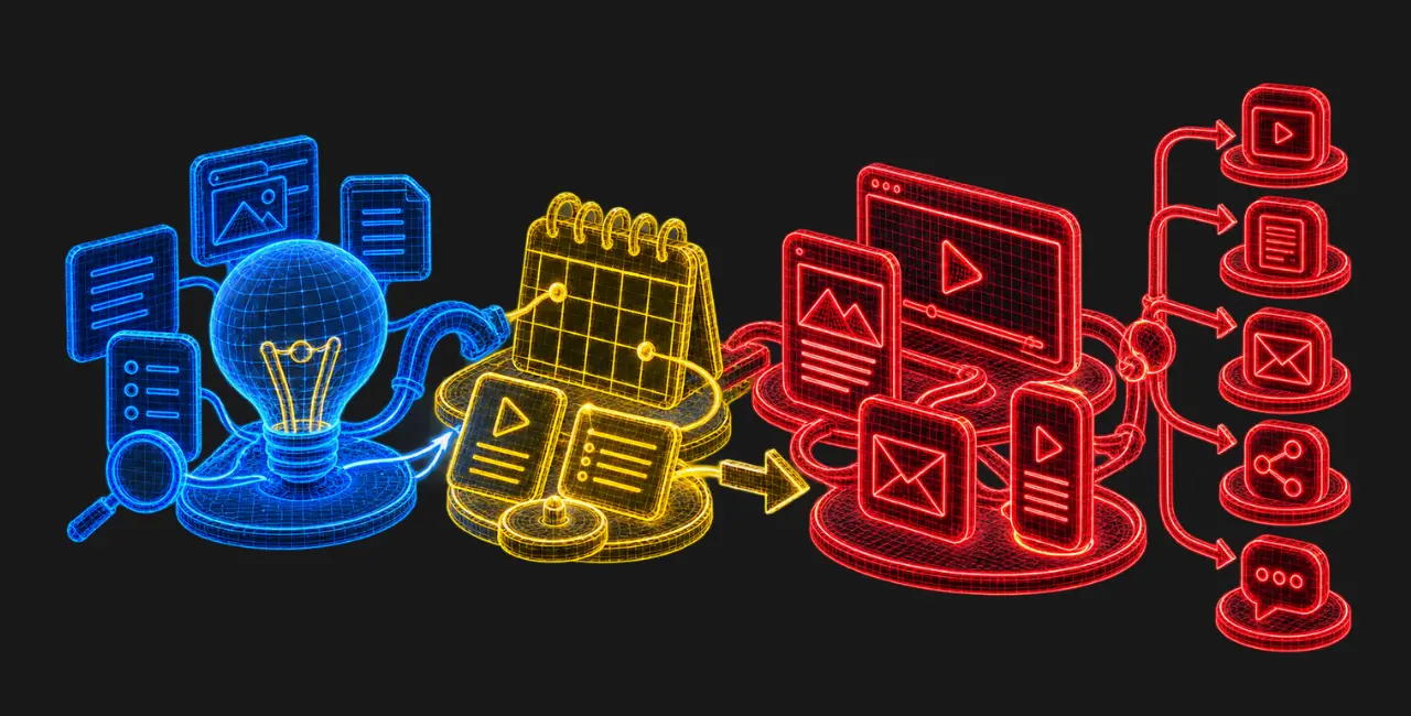 Ideas, calendario y formatos de contenido conectados en una secuencia editorial.