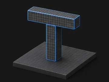 Perfil en forma de T: una barra vertical con una barra horizontal arriba, en volumen isométrico con acento azul