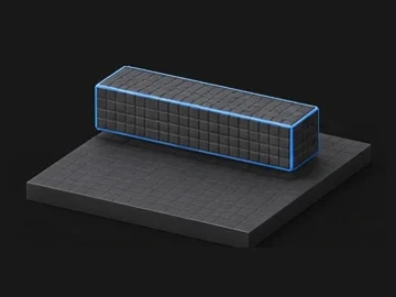 Perfil en forma de guion: una barra horizontal sobre una base, en volumen isométrico con acento azul